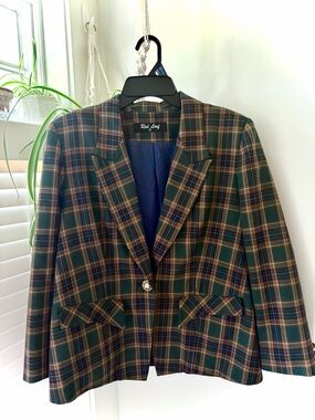 Vintage Plaid Blazer Dark Academia Red Leaf Green Red Blue Tartan Gold Buttons